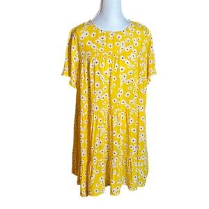Yellow Daisy Floral Tiered Babydoll Mini Dress Ruffle Sleeve Ladubug L Sundress